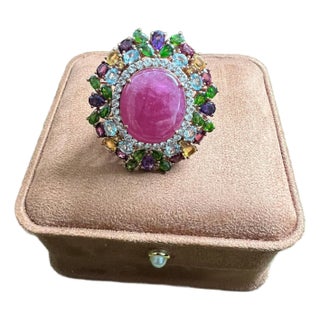 Bochic “Orient” Vintage Ruby, Sapphire & Multi Gem Ring - 18K Gold & Silver For Sale