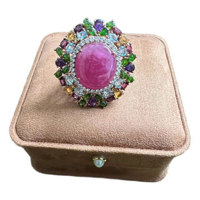 Bochic “Orient” Vintage Ruby, Sapphire & Multi Gem Ring - 18K Gold & Silver For Sale