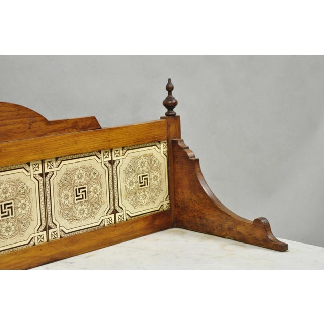 Late 19th Century Antique Victorian Walnut Marble Top Washstand Good Luck Swastika Tile Backsplash For Sale - Image 5 of 18