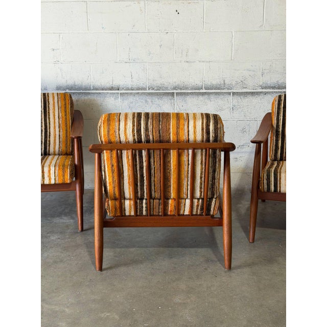 1960s Solid Teak Lounge Armchairs in Style of Folke Ohlsson Set of 3 Striped Upholstery Danish Mid-Century Modern 1960s For Sale - Image 5 of 12