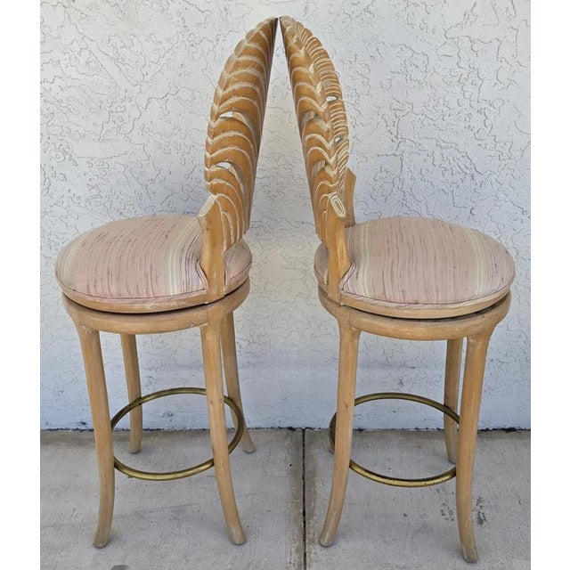 Vintage Venetian Grotto Style Carved Wood Palm Leaf Barstools Set of 2 For Sale - Image 13 of 15