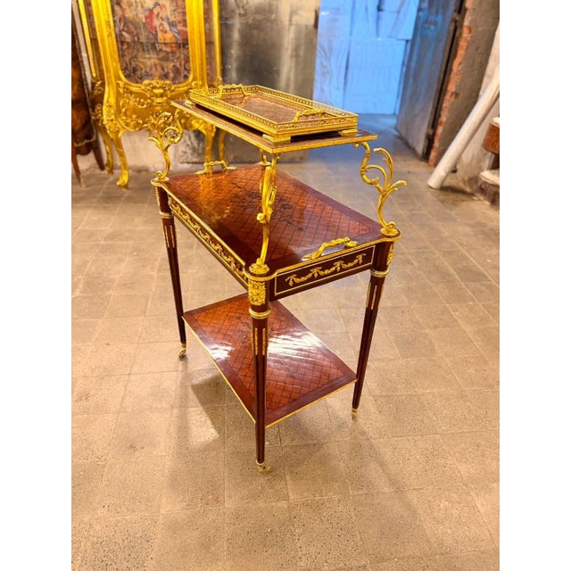 French Vintage Marquetry Louis XVI Rolling Serving Cart & Tray For Sale - Image 3 of 10
