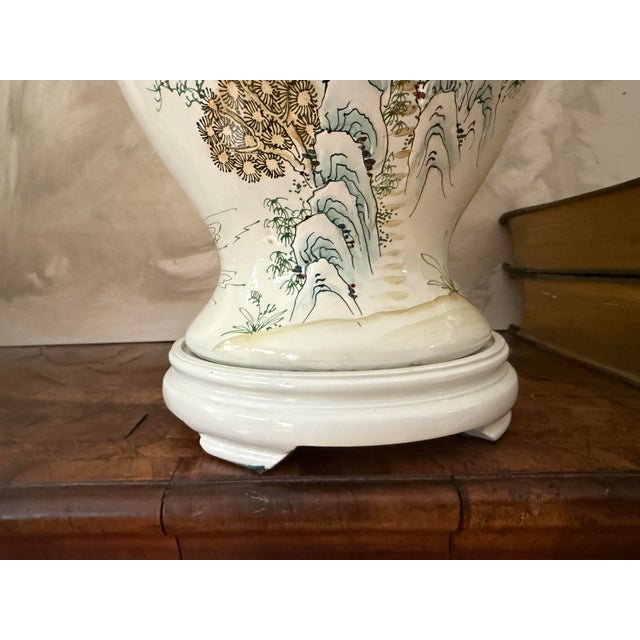 Chinese Vintage Chinese Export Ceramic Table Lamp Hand Painted Chinoiserie With Matching Shade For Sale - Image 3 of 12