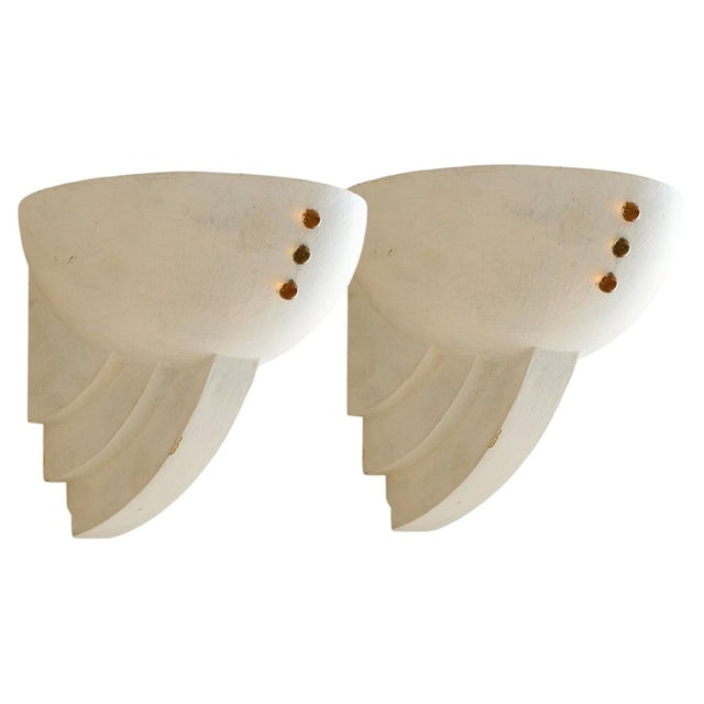 Pair of French Art Deco Plaster + Amber Glass Sconces, 1930s For Sale