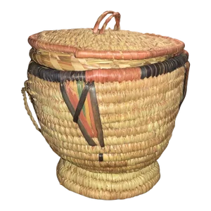 African Woven Grass Basket W/ Lid and Handle