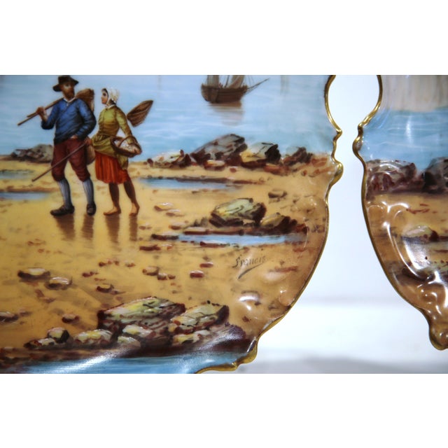Pair of French Hand-Painted Porcelain Coastal Plates Signed Francis For Sale - Image 4 of 10