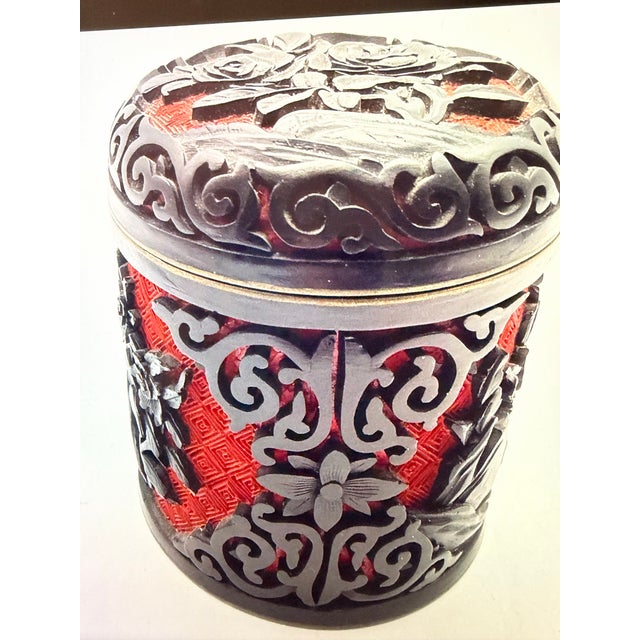 Antique Chinese Carved Cinnabar Lacquer Trinket Jewelry Floral Black and Red 4” For Sale - Image 6 of 12