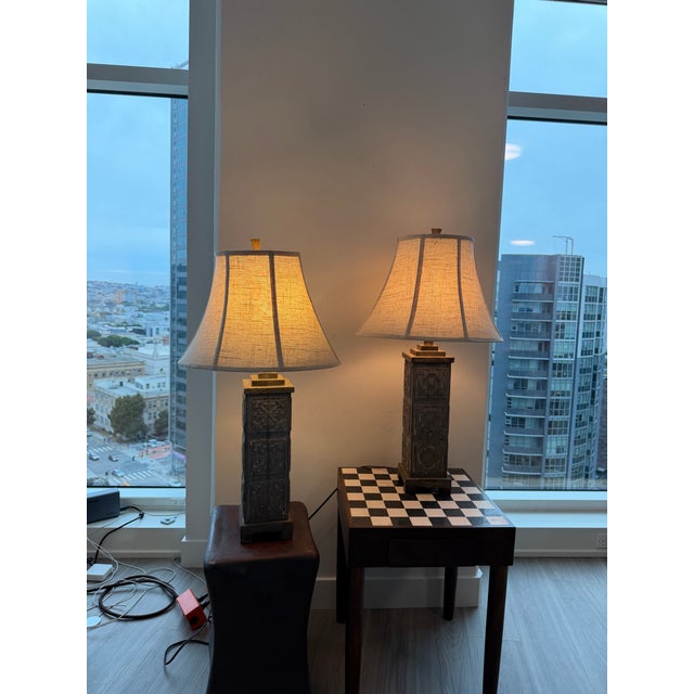 Attributed to Uttermost Carved Wood Table Lamps W/ Shades (32"h) - a Pair For Sale - Image 10 of 12
