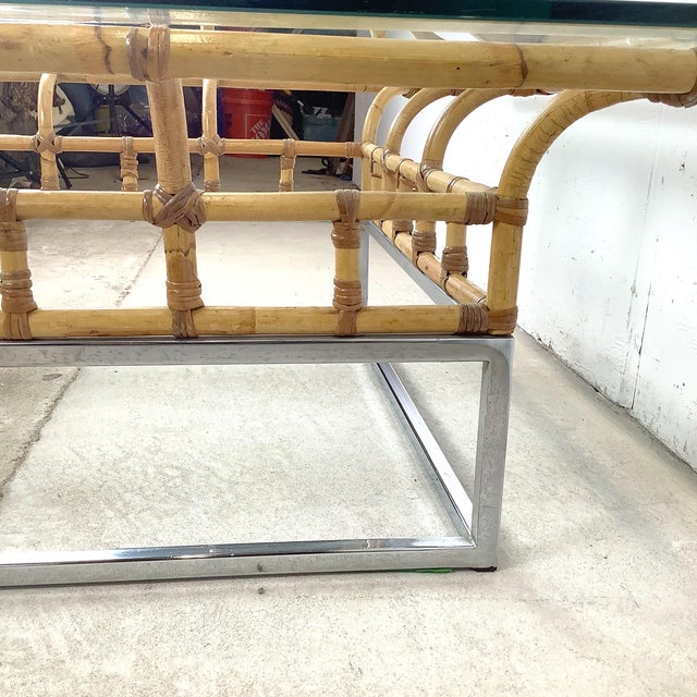 1970s Hollywood Regency Bamboo and Chrome Square Glass Coffee Table For Sale - Image 18 of 18