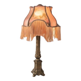 Vintage Neoclassical Column Table Lamp With Floral Fringed Shade For Sale