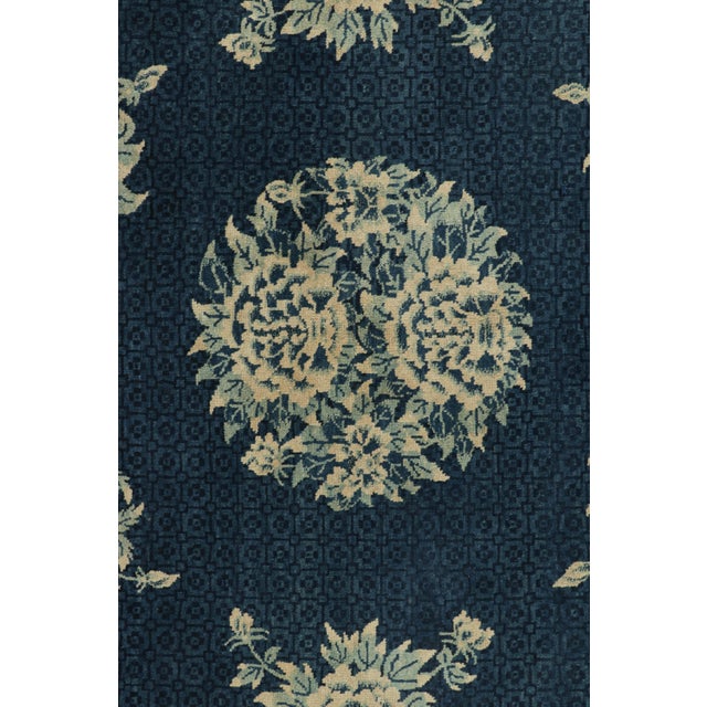 Antique Chinese Peking Art Deco Rug in Blue With Ivory Floral Medallions For Sale In New York - Image 6 of 7