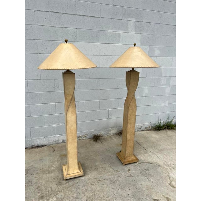 Hollywood Regency Pair of 1990s Lexington Furniture Cream Leather Floor Lamps With Matching Leather Shades For Sale - Image 3 of 17