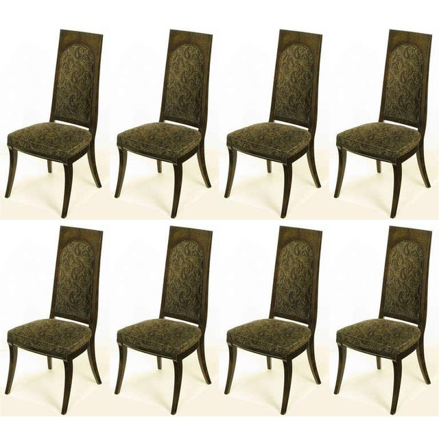 Set of eight exotic amboyna burl and dark brown with grey paisley velvet dining chairs. Klismos style legs, tall backs and...