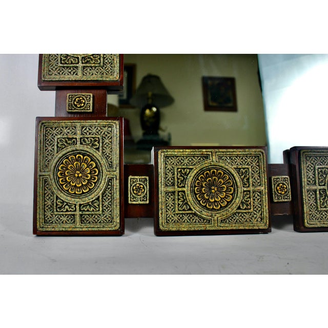 Mid-Century Arte-Mex Malachite Stone Resin and Wood Mirror For Sale - Image 4 of 6