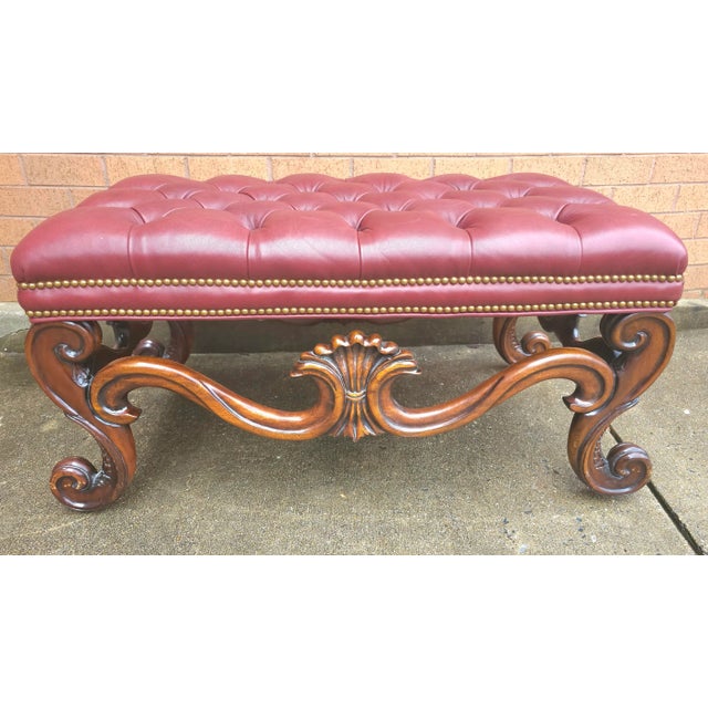 Hollywood Regency Whittemore-Cherrill Mahogany Brass Nail Trims & Maroon Leather Upholstered Bench Ottoman For Sale - Image 3 of 9