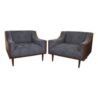 Mid-Century Modern Navy Blue Lounge Chairs Set in a Walnut Shell For Sale