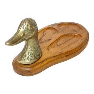 1970s Mid-Century Rustic Arts & Crafts Brass Duck & Oak Dresser Top Valet Caddy Catchall For Sale