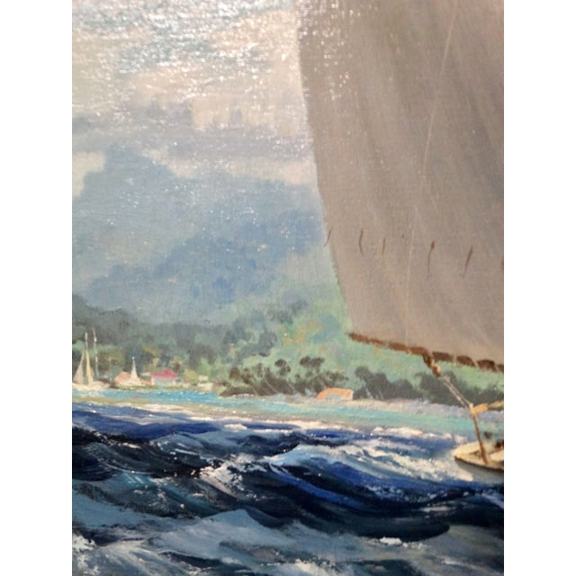 Blue Yacht Oil Painting Sailing Off Bora Bora Louis Macouillard 1913-1987 Gilt Frame For Sale - Image 8 of 15