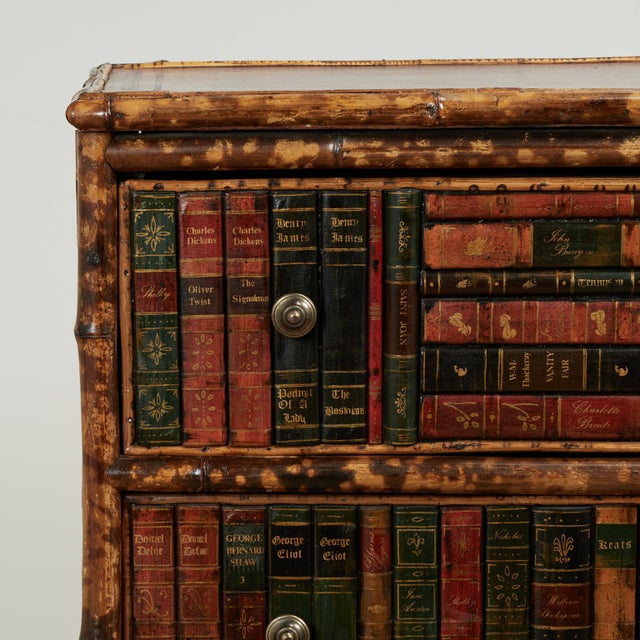 Antique English Bamboo Leather Top Faux Book Chest of Drawers For Sale - Image 4 of 18