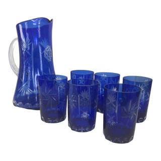 Set of 7 Bohemian Cut to Clear Cobalt Blue Pitcher and Six Glasses For Sale