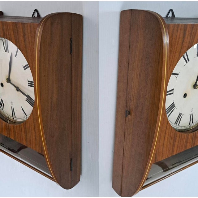 Brown Vintage Teak Mechanical Pendulum Wall Clock Mid‑Century Modern Ejs Dial For Sale - Image 8 of 14