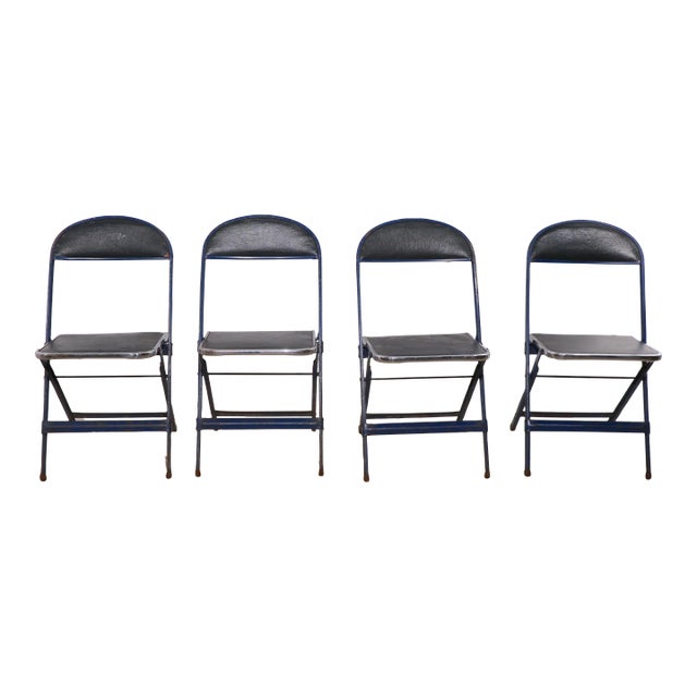 4 Vintage Folding Chairs in Blue Oilcloth Steel and Chrome by Cosco For Sale