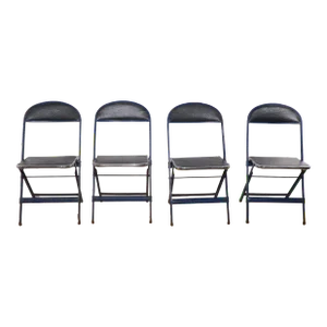 4 Vintage Folding Chairs in Blue Oilcloth Steel and Chrome by Cosco