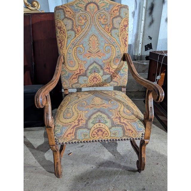 Brown Vintage French Provincial Paisley Upholstered Armchair With Matching Ottoman For Sale - Image 8 of 14