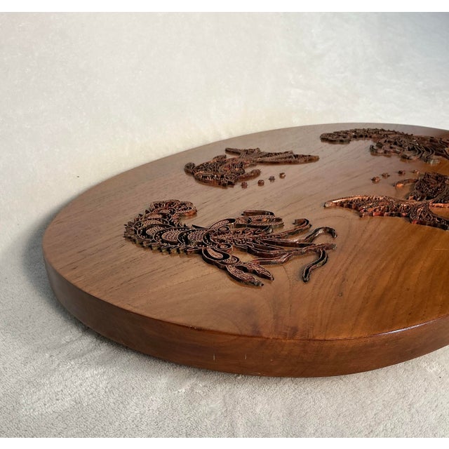 Vintage Indonesian Copper Batik Tjap Stamp Walnut Wood Serving Tray Lobsters and Fishes For Sale In Greenville, SC - Image 6 of 12