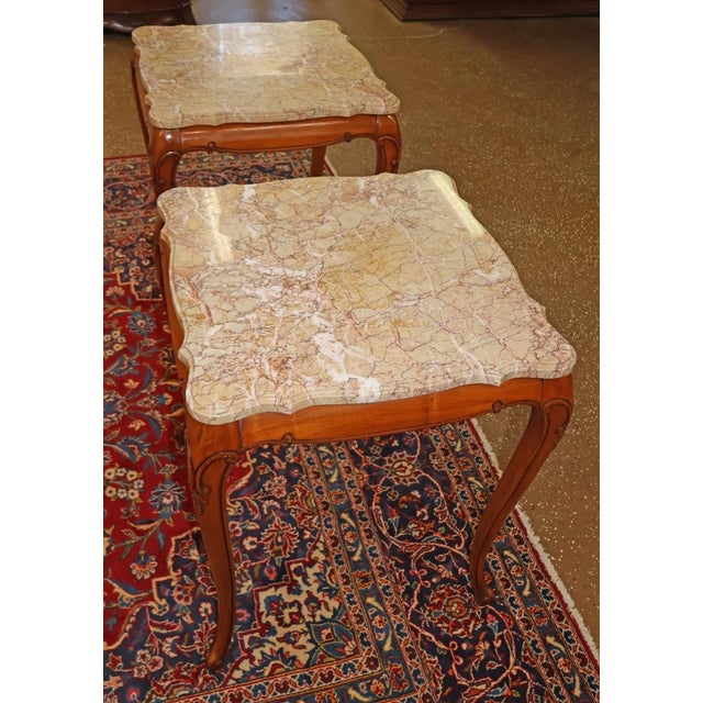 Pair of Vintage Marble Top Walnut Louis XV French Style End Tables For Sale - Image 11 of 15