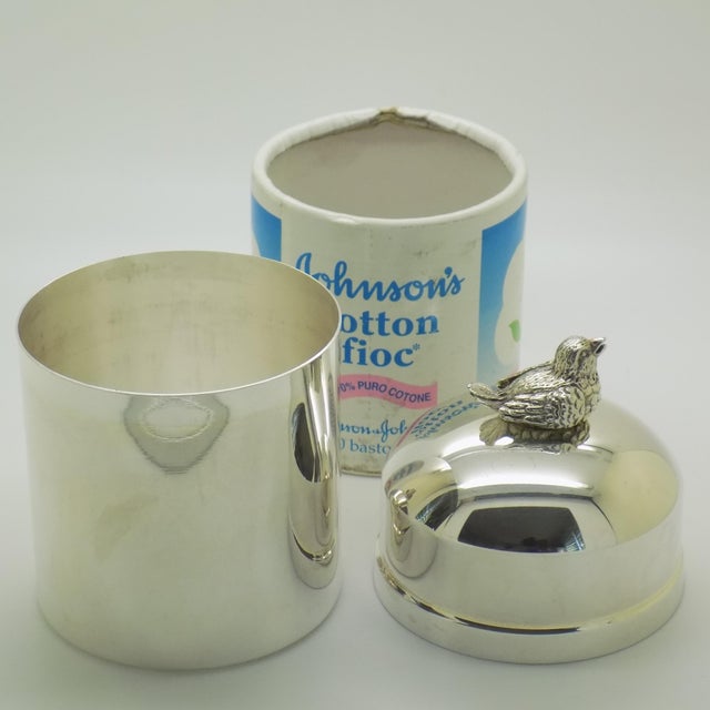 Vintage Italian Cotton Swab Jar with Bird Top in Silver 800, Milan, 1970s For Sale - Image 13 of 14