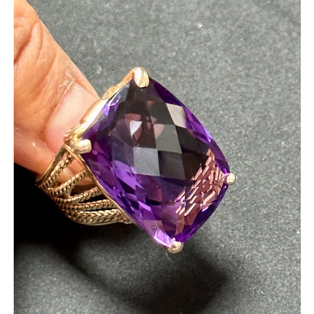 Huge 40Ct Checker Board Cushion Cut Natural Amethyst Cocktail Ring 14KYG, 15.8gm For Sale - Image 11 of 18