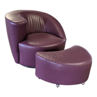 Contemporary Vladimir Kagan Leather Swivel Chair and Ottoman by Directional - Set of 2 For Sale