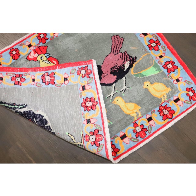 Mid 20th Century Cotton Persian Pictorial Rooster Bird Rug no. j4659 For Sale - Image 5 of 5