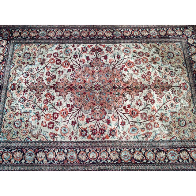 Vintage Persian Qum Area Rug, Hand-Knotted Silk, Floral Pattern, Ivory & Navy, 3x5 For Sale - Image 18 of 18