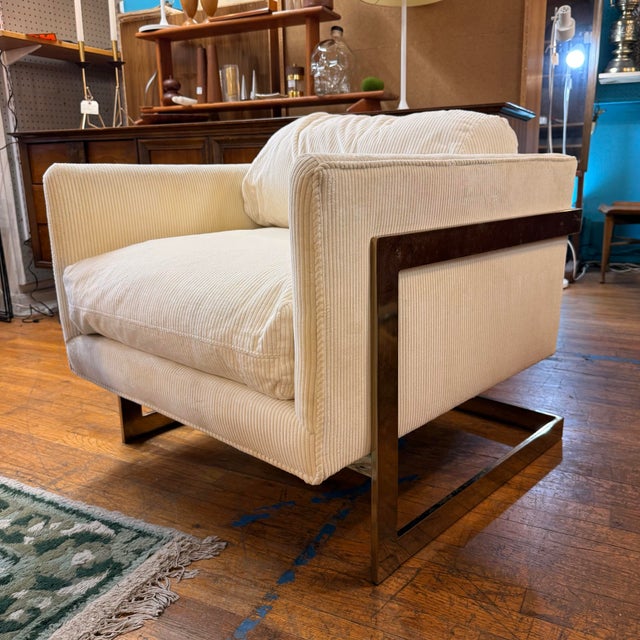 Circa 1978 lounge chair by Milo Baughman for Thayer Coggin in rare brass finished metal with off white cotton velvet...