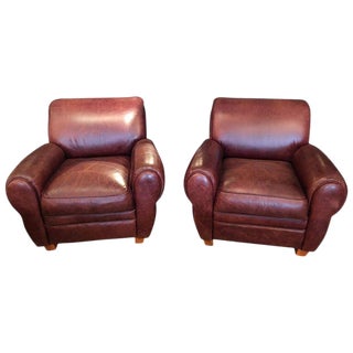 Leather Classic Club Chairs- A Pair For Sale
