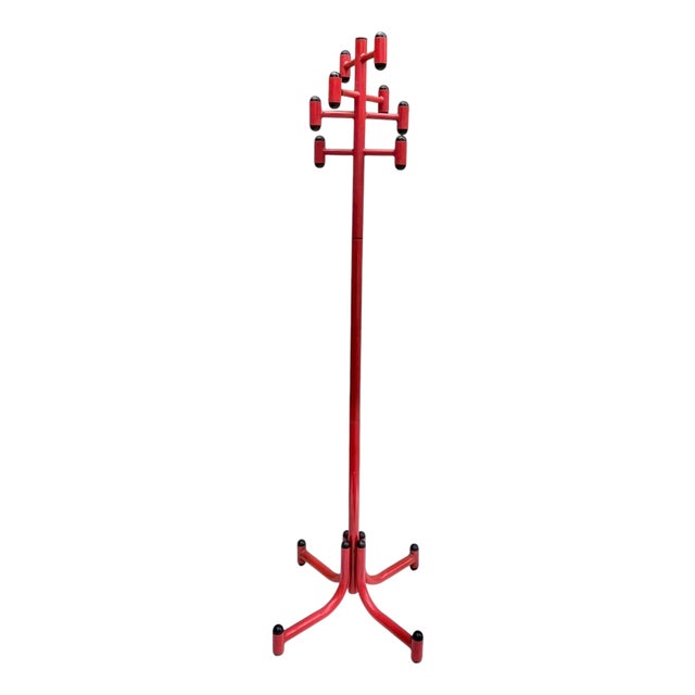 Vintage Memphis Style Red Metal Coat Rack | Postmodern Freestanding Hall Tree For Sale
