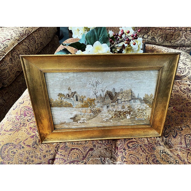 C1900 Florentine Gilt Wood Framed Intricate Needlepoint-Pastoral Village 17x12 For Sale - Image 17 of 17