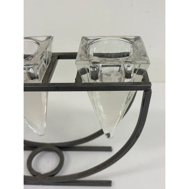 Vintage 1980s Brutalist Iron & Crystal Triple Votive Candle Holder Candelabra For Sale - Image 9 of 12