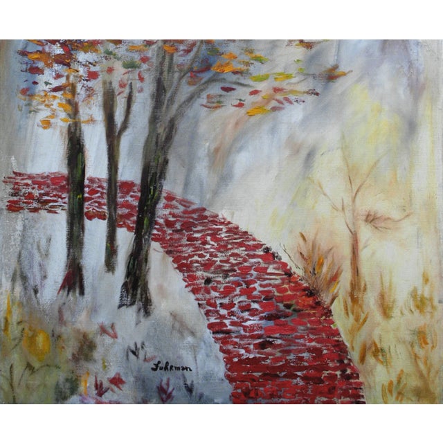 Mid-Century Modern abstracted landscape of autumn trees lining a red brick pathway by Charles Fuhrman (American,...