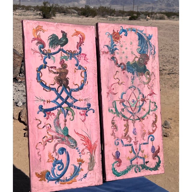 This pair of vertical wall panels is a striking example of Continental European Chinoiserie executed in the Rococo or...