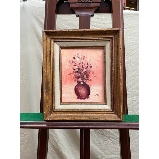 Pink 1980s Pink Bouquet of Flowers in Vase Still Life Oil Painting Framed For Sale - Image 8 of 8