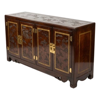 1970s Drexel Heritage Et Cetera Chinoiserie Etched Walnut Burl Sideboard For Sale
