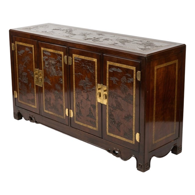 1970s Drexel Heritage Et Cetera Chinoiserie Etched Walnut Burl Sideboard For Sale