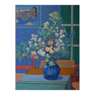 Flowers in Blue Vase' Large Still Life in Oils by Am. Contemporary Expressionist, George Brinner For Sale