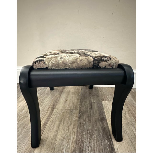 Antique Early 20th Century Victorian Footstool Black With Cat Tapestry Upholstered Cushion For Sale - Image 9 of 9