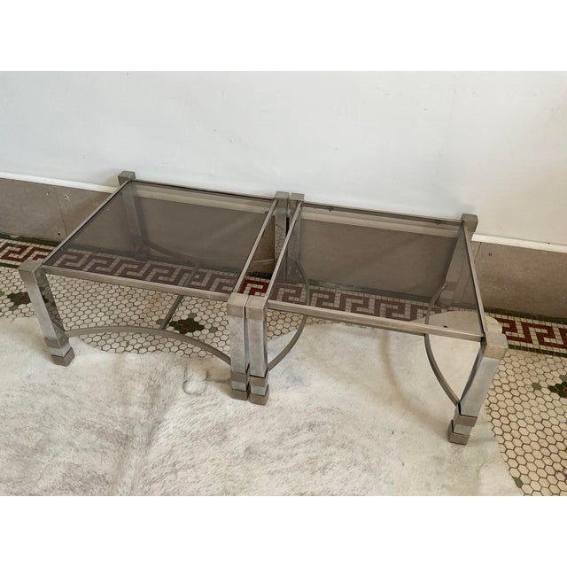 Pair of Metal Deco Tables With Smoked Glass Tops, 1960's, French For Sale - Image 14 of 17