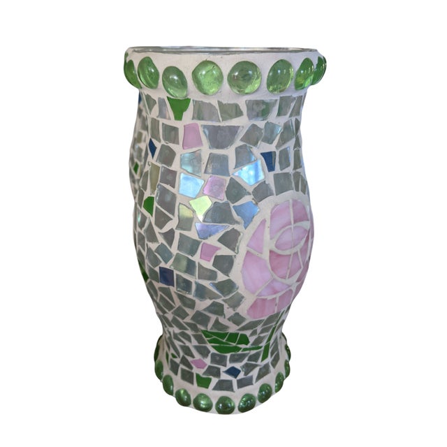 Shabby Chic Vintage Mosaic Glass Rose Flower Glass Hurricanes- A Pair For Sale - Image 3 of 14