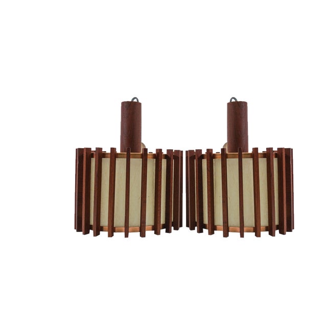 Mid-Century Modern Scandinavian Ceiling Lamps in Teak Wood and Copper, 1960s, Set of 2 For Sale